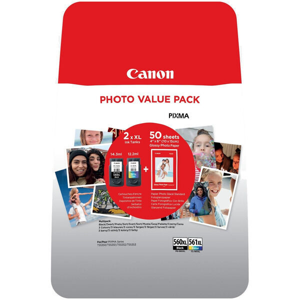 Original Druckerpatronen Canon PG-560XL+CL-561XL Doppelpack Black and Color +50 Blatt 4x6 Fotopapier